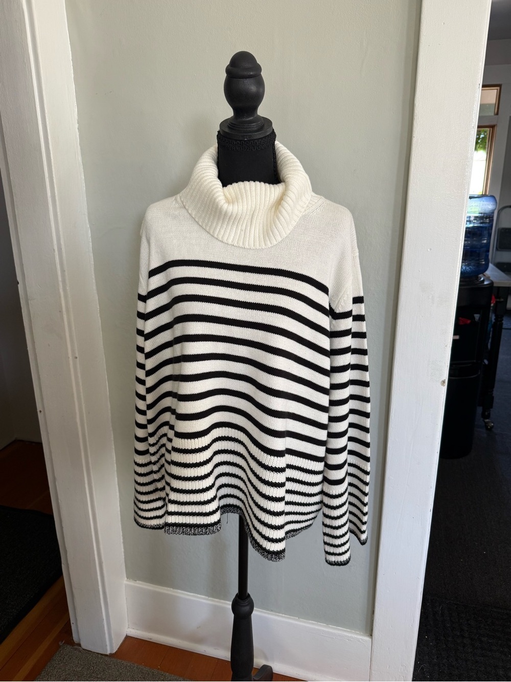 CeCe Black & White Striped Cowl Neck Sweater